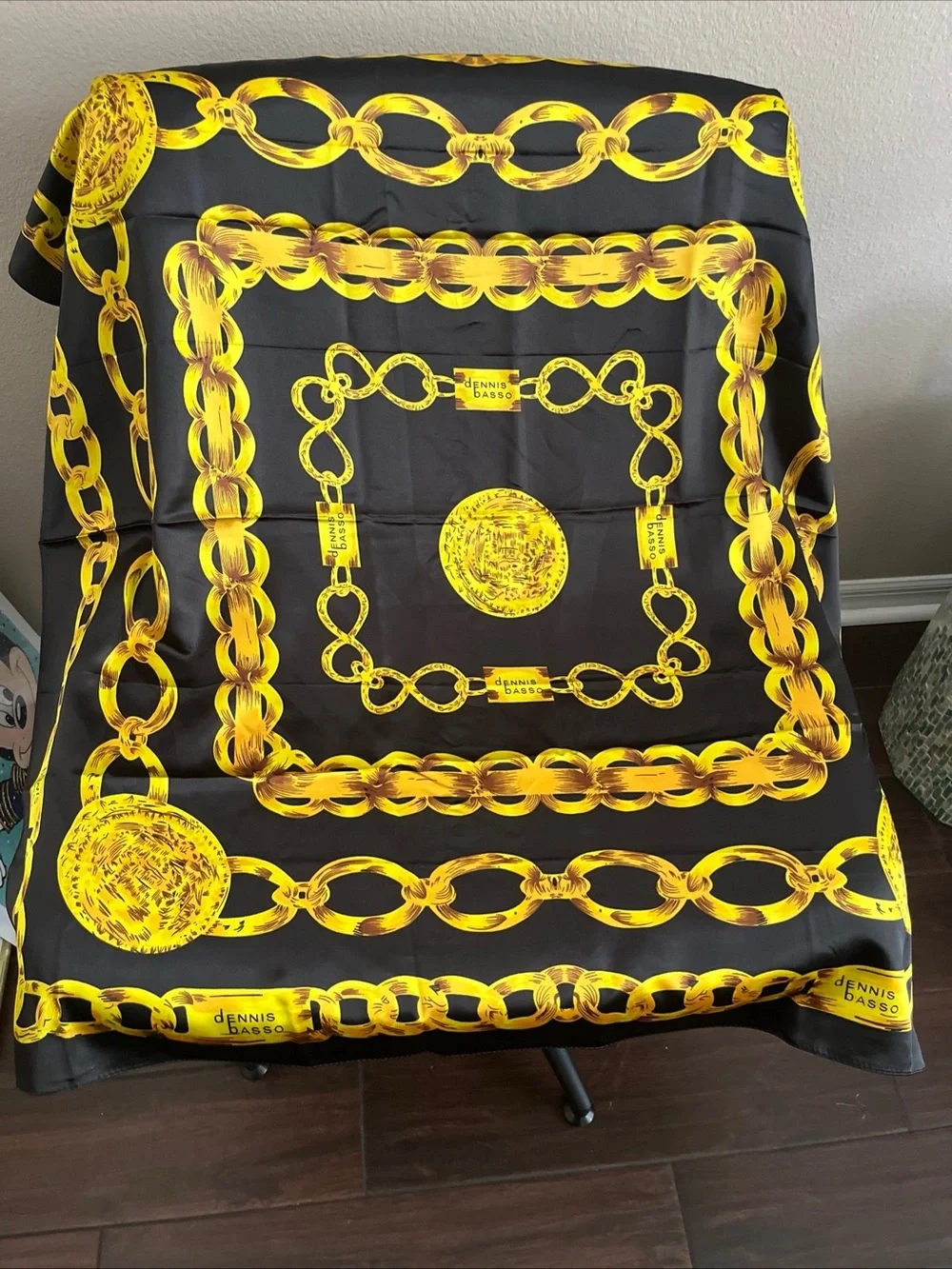 dennis basso Black and Yellow Chain Motif Silk Scarf